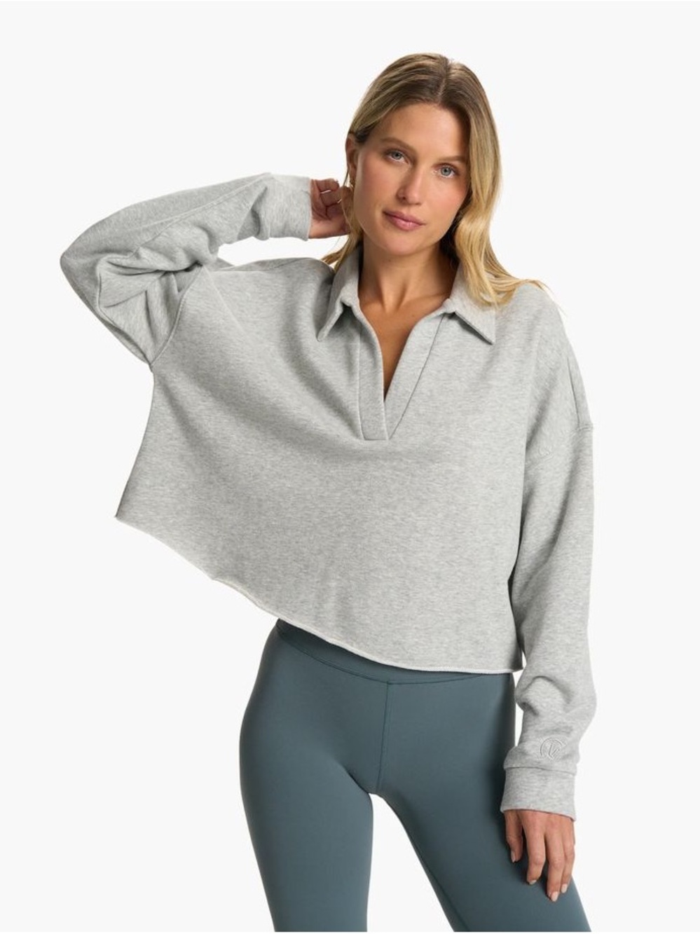 Vuori Light Heather Gray Cropped Polo Sweatshirt